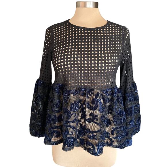 Dor Dor Couture Black Eyelet Blue Velvet Mesh Babydoll Top SM Whimsygoth Fairy - Picture 1 of 10